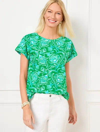 Talbots Plus Petite - Smocked Shoulder Crewneck T-shirt - Jacobean Fantasia - Bright Green - 1x
