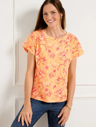 Talbots Plus Petite - Smocked Shoulder Crewneck T-shirt - Jacobean Fantasia - Corn Silk - 3x