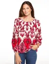 Talbots Plus Petite - Smocked Top - Watercolor Damask - Bright Apple - 2x  In Red