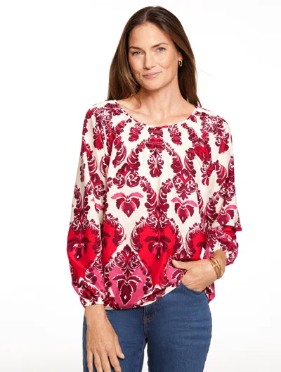 Talbots Plus Petite - Smocked Top - Watercolor Damask - Bright Apple - 2x  In Red