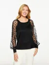Talbots Plus Petite - Soft Satin Charmeuse Mesh Sleeve Top – Glitter Dot - Black - 3x  In Black