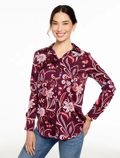 Talbots Plus Petite - Soft Satin Charmeuse Shirt - Lively Floral - Rich Burgundy - 2x