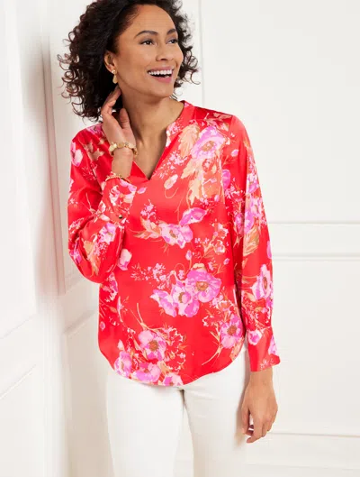 Talbots Plus Size - Soft Satin Charmeuse Top - Watercolor Bouquets - Red Pepper/pink - 3x  In Red Pepper,pink