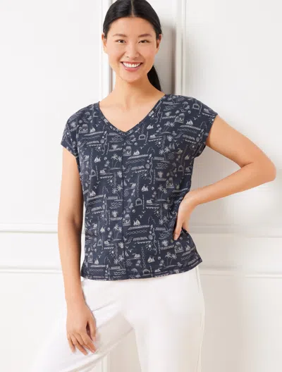Talbots Plus Petite - Supersoft Jersey V-neck T-shirt - Seaside Villa - Indigo/white - 2x