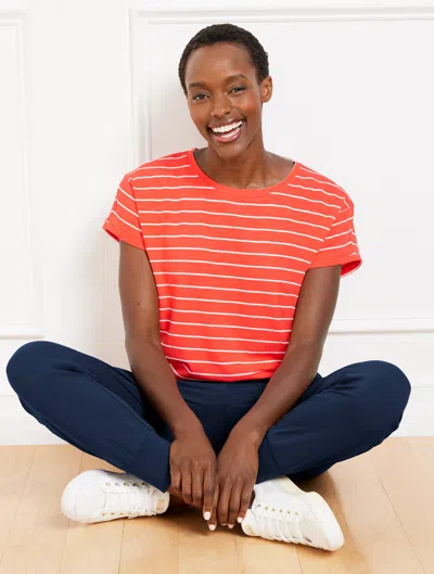 Talbots Plus Petite - Supersoft Slub Crewneck T-shirt - Baseline Stripe - Hot Coral/white - 2x  In Hot Coral,white