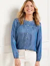 Talbots Plus Petite - Denim Smocked Short Popover Shirt - Blue River Wash - 3x  In Blue River Wash