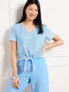 Talbots Plus Petite - Textured Tie Front Top - Azalea Stripe - Lakeside Blue/white - 3x  In Lakeside Blue,white