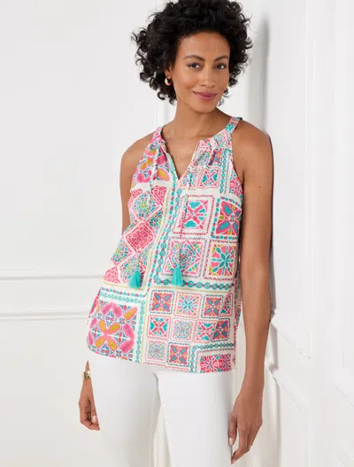 Talbots Plus Petite - Tie Front Halter Top - Painterly Tiles - Ivory/villa Blue - X - 100% Cotton