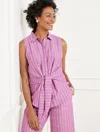 Talbots Plus Petite - Tie Front Linen Shell Sweater - Riviera Stripe - Violet Sunset - 3x
