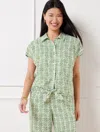 Talbots Plus Petite - Tie Hem Button Front Linen Top - Pretty Medallion - White/olive Grove - X