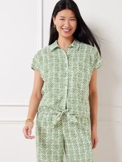 Talbots Plus Petite - Tie Hem Button Front Linen Top - Pretty Medallion - White/olive Grove - X
