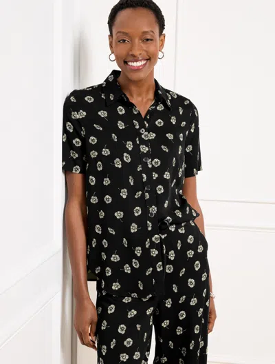 Talbots Plus Petite - Twill Button Front Top - Deco Flowers - Black/ivory - X  In Black,ivory