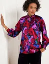 Talbots Plus Petite - Twist Neck Soft Satin Charmeuse Top - Wrapped Floral - Black/bright Blue - 1x  In Black,bright Blue