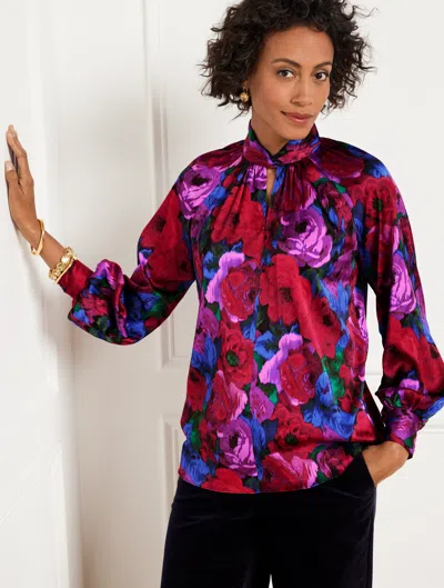 Talbots Plus Petite - Twist Neck Soft Satin Charmeuse Top - Wrapped Floral - Black/bright Blue - 1x  In Black,bright Blue