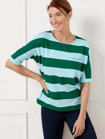 Talbots Plus Petite - Upf 50+ Piquã© Pocket T-shirt - Rugby Stripe - Heritage Green/blue Ice - 2x  In Heritage Green,blue Ice