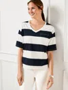 Talbots Plus Petite - V-neck Boxy T-shirt - Quince Stripe - Indigo/white  In Indigo,white