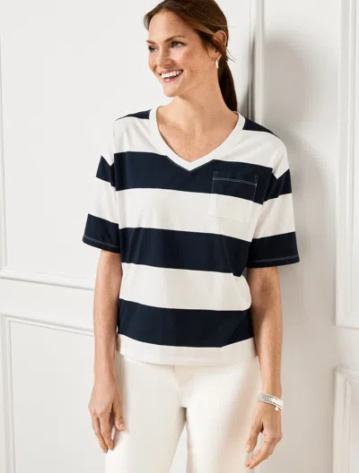 Talbots Plus Petite - V-neck Boxy T-shirt - Quince Stripe - Indigo/white  In Indigo,white