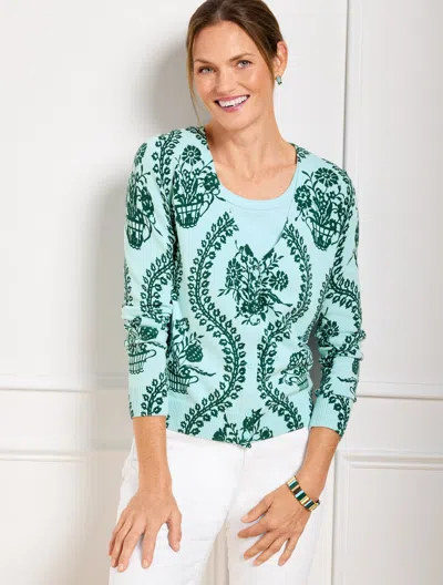 Talbots Petite - V-neck Cardigan Sweater - Flowing Floral - Blue Ice/heritage Green - Xl  In Blue Ice,heritage Green