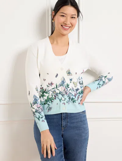 Talbots Plus Petite - V-neck Cardigan Sweater - Pencil Butterfly - Blue Ice/heritage Green - 3x  In Blue Ice,heritage Green