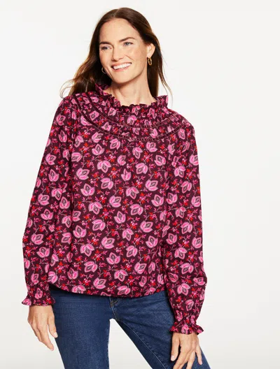 Talbots Plus Petite - Velvet Trim Smocked Top - Luminous Floral - Rich Burgundy - 3x