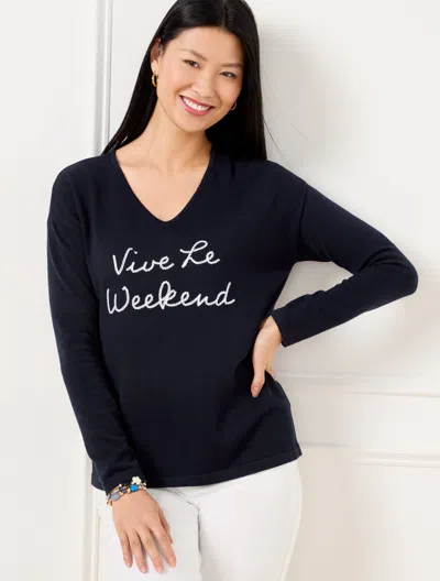 Talbots Plus Petite - Weekend V-neck Pullover Sweater - Indigo/white - 3x