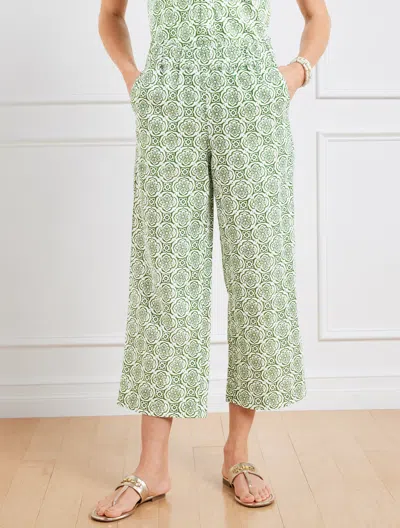 Talbots Plus Petite - Wide Crop Patch Pocket Washed Linen Pants - Pretty Medallion - White/olive Grove - 1x 