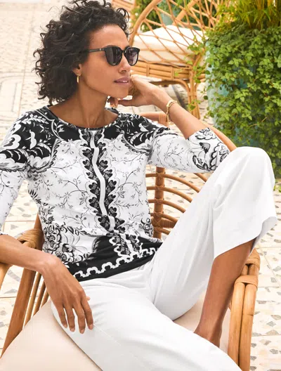 Talbots Plus Petite - Bateau Neck T-shirt - Bohemian Garden - White/black - 3x  In Multi