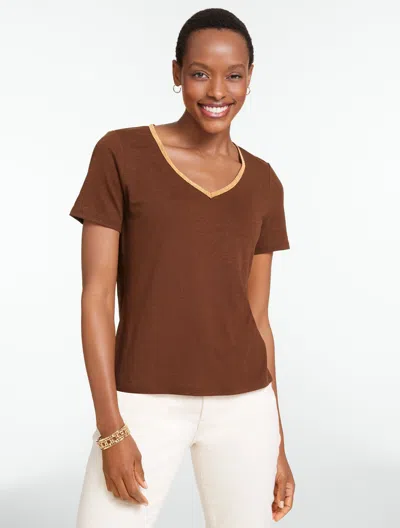 Talbots Plus Petite - Beaded V-neck T-shirt - Dark Walnut - 2x  In Brown