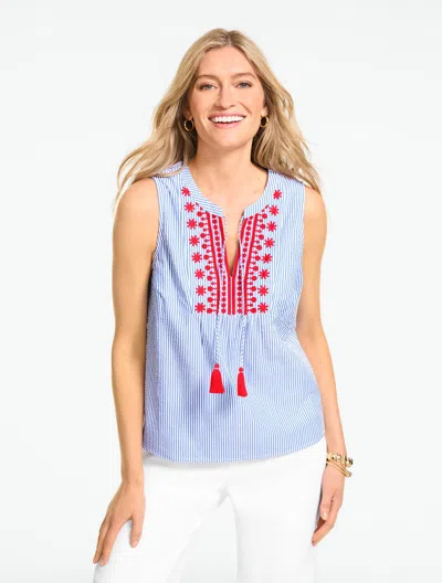 Talbots Plus Petite - Breezy Stripe Seersucker Embroidered Shell Sweater - Catalina Blue/white - 3x