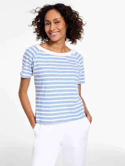 Talbots Plus Petite - Button Back Crewneck Slub T-shirt - Harbor Stripe - White/shore Blue - 3x