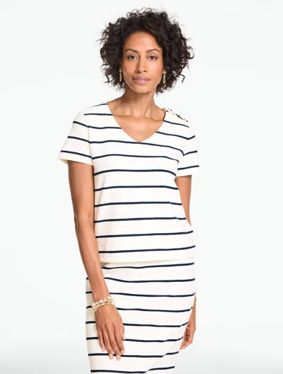 Talbots Plus Petite - Button Shoulder V-neck Top - Ivory/indigo Blue - 3x