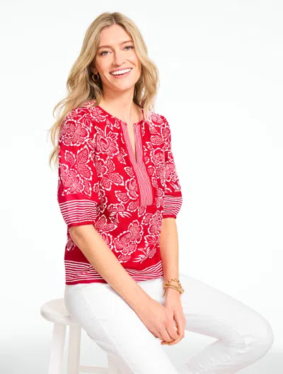 Talbots Plus Petite - Capri Rose Elbow Sleeve Top - Red/white - 1x - 100% Cotton  In Multi
