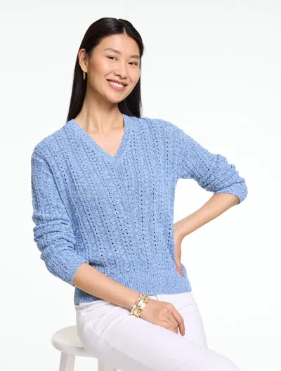 Talbots Plus Petite - Chevron Pointelle V-neck Pullover Sweater - Marl - White/vista Blue - 2x