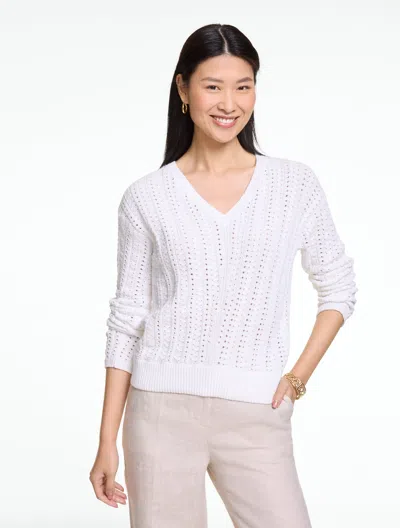 Talbots Plus Petite - Chevron Pointelle V-neck Pullover Sweater - White - X