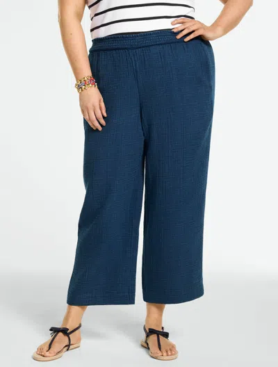 Talbots Plus Petite - Cotton Gauze Straight Crop Pull-on Pants - Indigo - Darker Medium Wash - 3x  In Blue