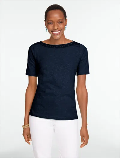 Talbots Plus Petite - Crochet Trim Bateau Neck T-shirt - Blue - 3x