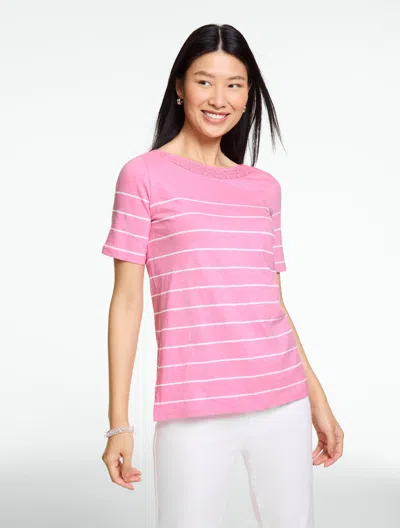 Talbots Plus Petite - Crochet Trim Bateau Neck T-shirt - Stripe - Sunrise Pink/white - 1x - 100% Cotton Talb