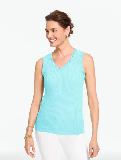 Talbots Plus Petite - Crochet Trim Ribbed Sleeveless Tank Top - Turquoise Blue - 3x