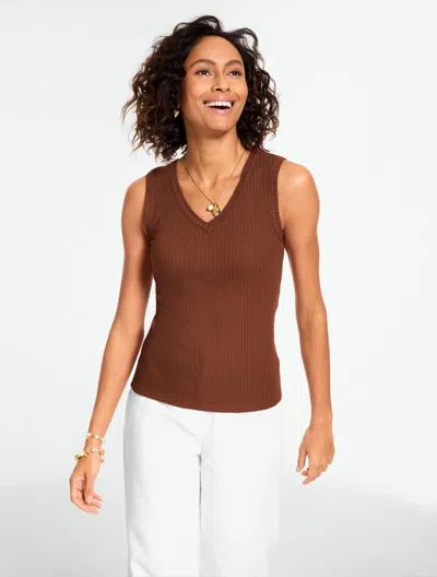 Talbots Plus Petite - Crochet Trim Ribbed Tank Top - Dark Walnut - 3x  In Brown