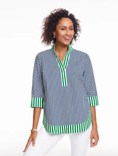 Talbots Plus Petite - Dolman Sleeve Poplin Tunic Top - Mixed Stripe - White/ink  In Multi