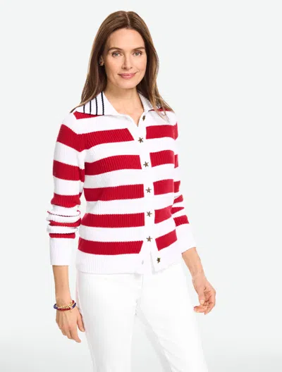 Talbots Plus Petite - Draped Collar Cardigan Sweater - Stripe - White/red - 3x  In Multi