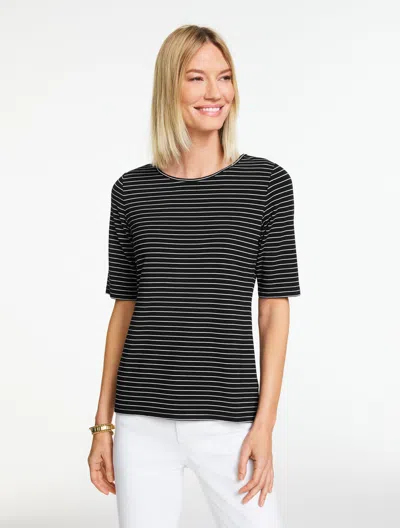 Talbots Plus Petite - Elbow Sleeve Crewneck Top - Kelly Stripe - Black/white - 1x  In Multi