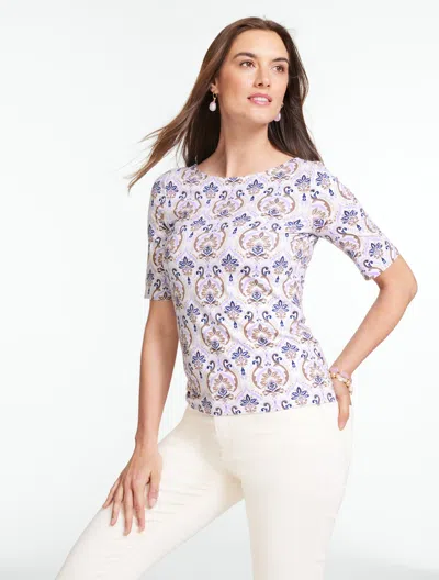 Talbots Plus Petite - Elbow Sleeve Crewneck T-shirt - Majestic Medallion - White/lavender Dawn - 2x