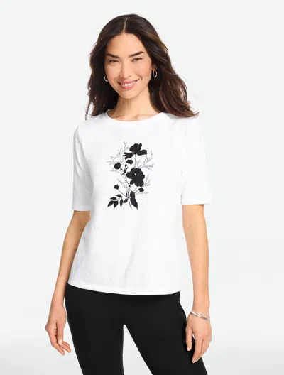 Talbots Plus Petite - Elbow Sleeve Crewneck T-shirt - Shadow Botanical - White/black - 2x