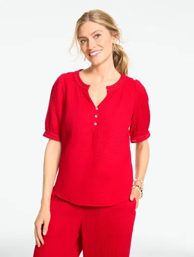 Talbots Plus Petite - Elbow Sleeve Gauze Top - Red - 3x - 100% Cotton