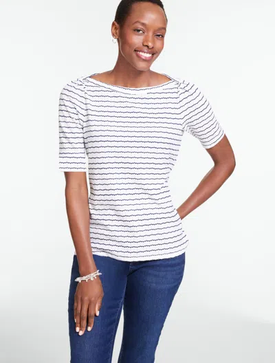 Talbots Plus Petite - Elbow Sleeve Knit Top - Stripe - White/indigo - 2x  In Multi