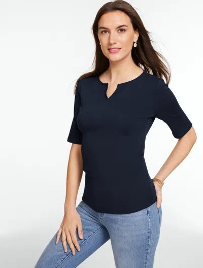 Talbots Plus Petite - Elbow Sleeve Split Neck T-shirt - Blue - 3x - 100% Cotton