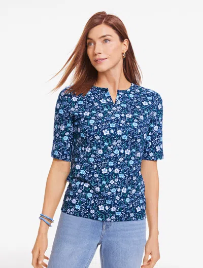Talbots Plus Petite - Elbow Sleeve Split Neck T-shirt - Dainty Ditsy - Ink - 3x  In Black
