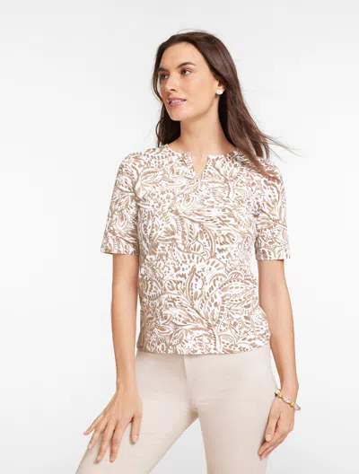 Talbots Plus Petite - Elbow Sleeve Split Neck T-shirt - Watercolor Medallion - Branch - 3x  In Brown
