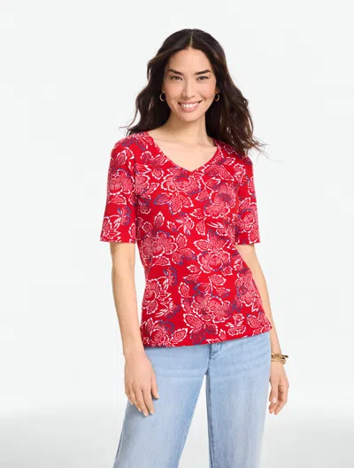 Talbots Plus Petite - Elbow Sleeve V-neck T-shirt - Capri Rose - Red/ink - 2x